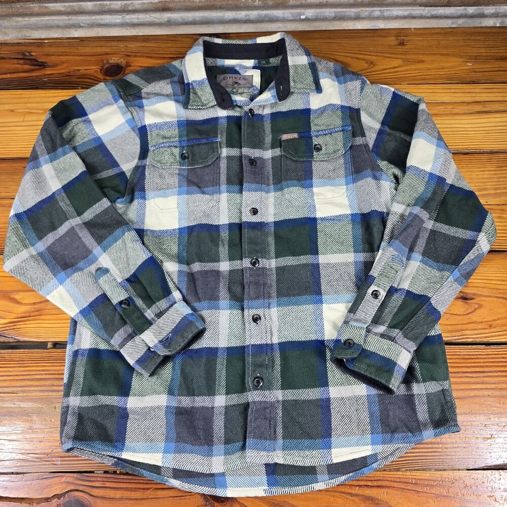 Orvis Shirt Jacket Mens L Blue/Green Heavy Flannel Button Shacket Side Pockets